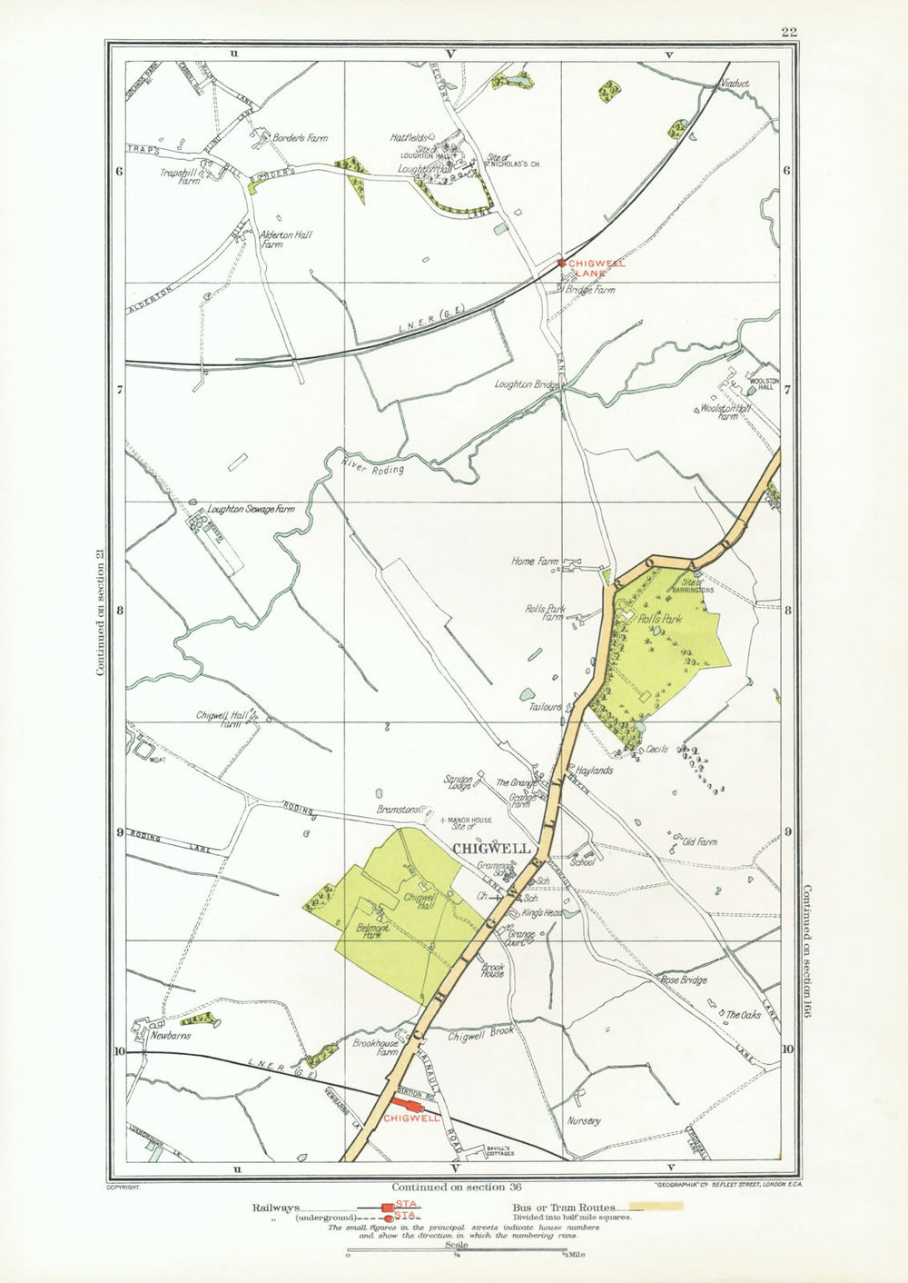 ESSEX. Chigwell Loughton Debden Patch Park River Roding 1933 old vintage map