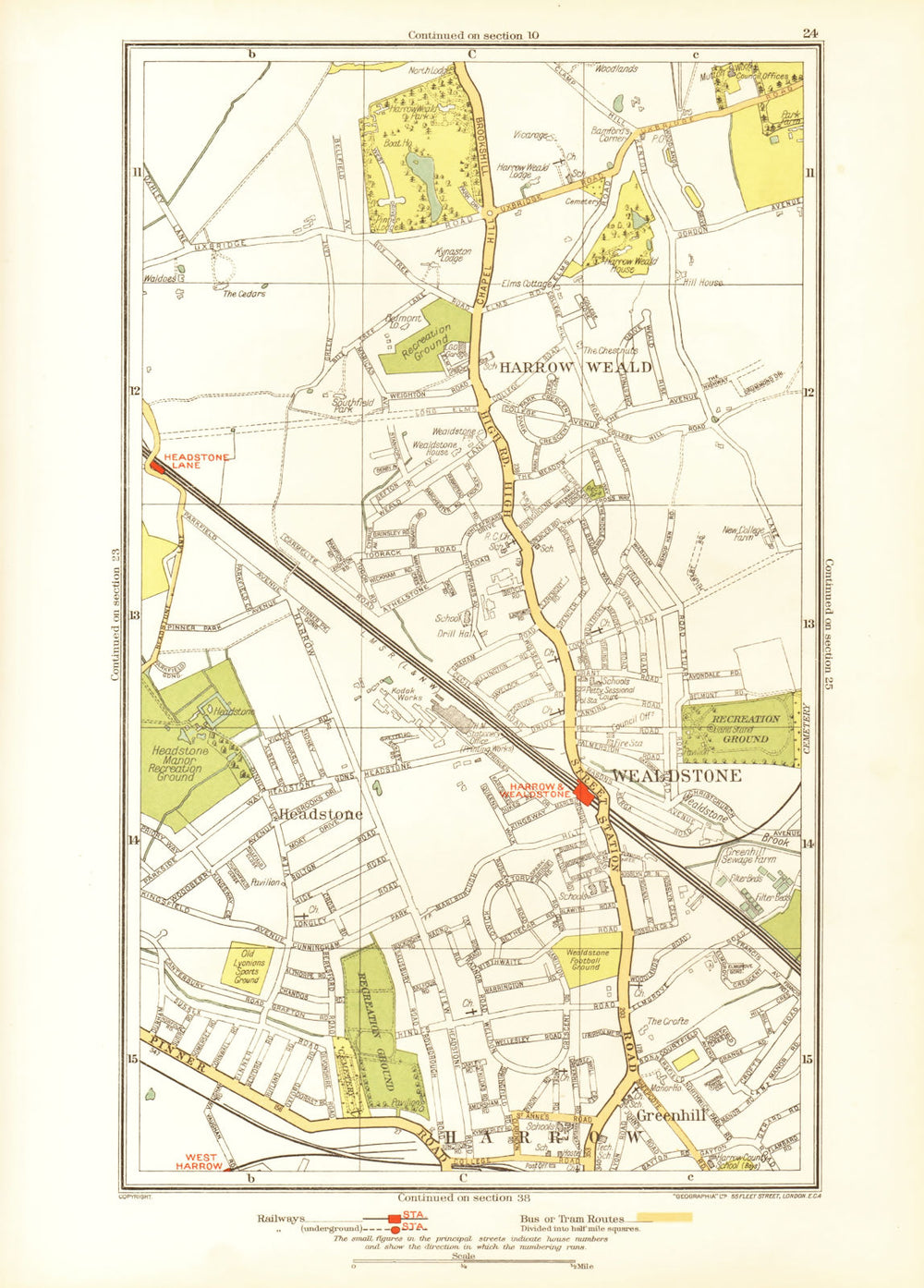 HARROW. Stanmore Wealdstone Greenhill Weald Headstone Lane 1933 old map