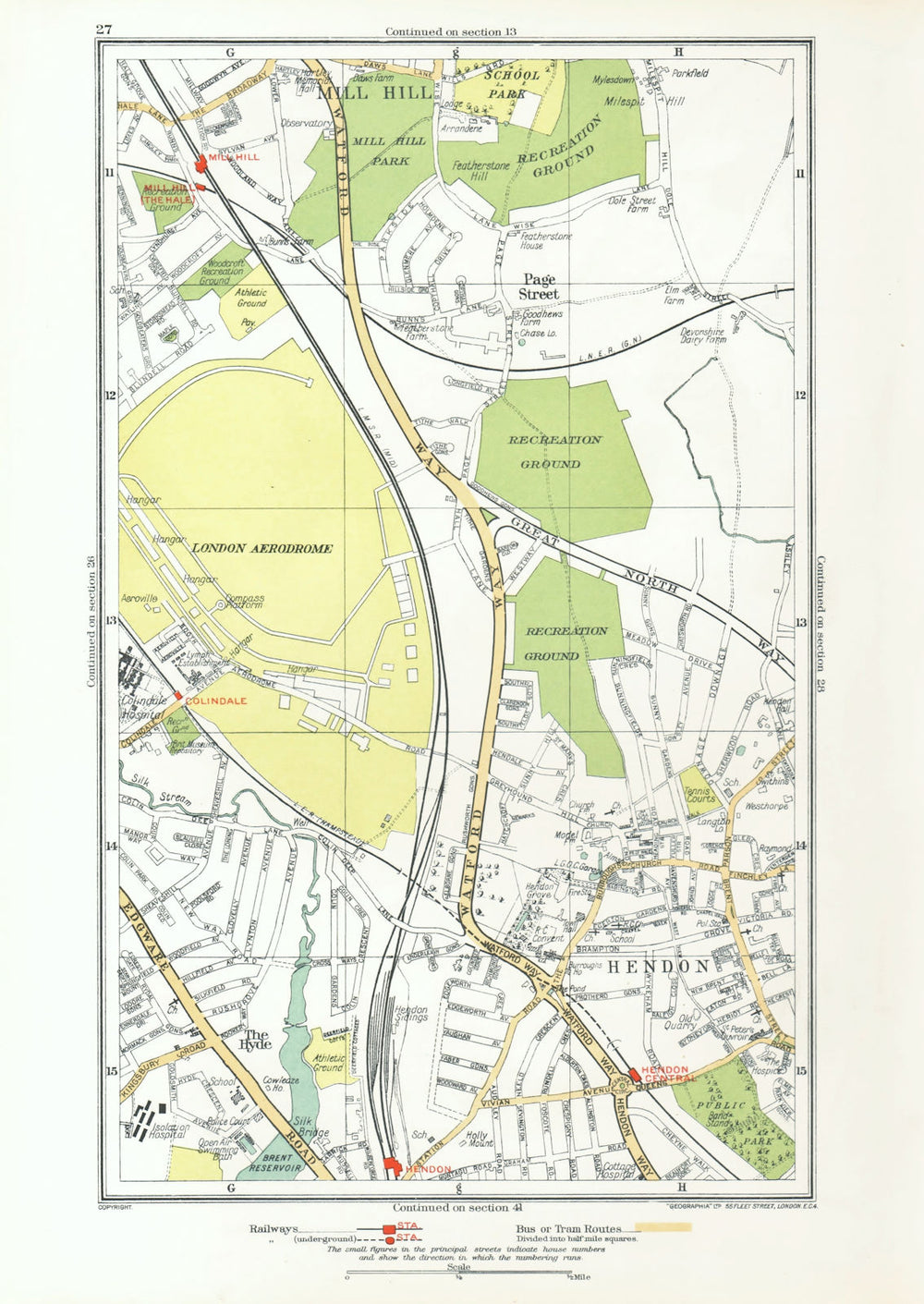 HENDON. The Hyde Mill Hill Colindale Edgware Southfields 1933 old vintage map