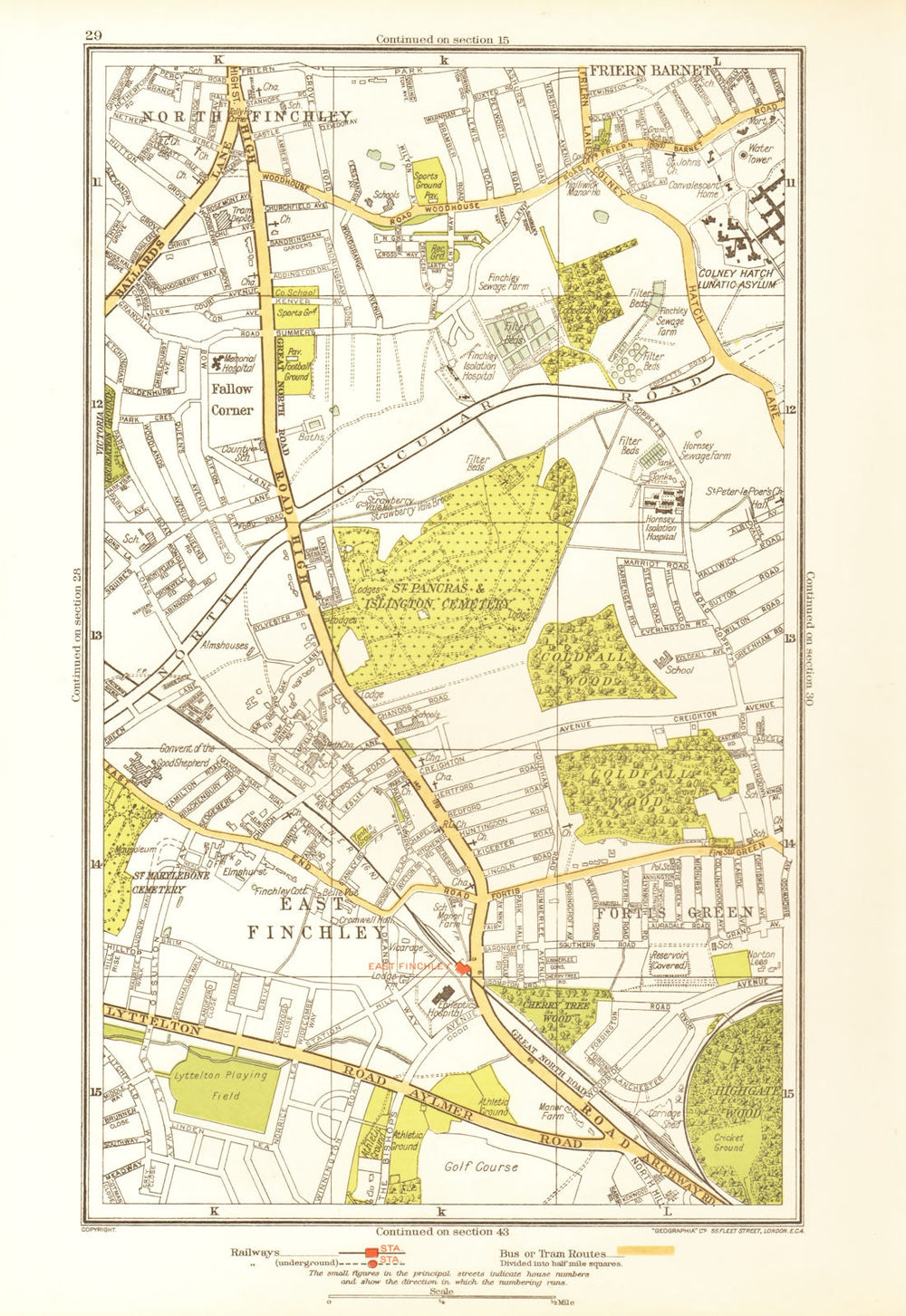 FINCHLEY. Fortis Green Friern Barnet Muswell Hill Fallow Corner 1933 old map