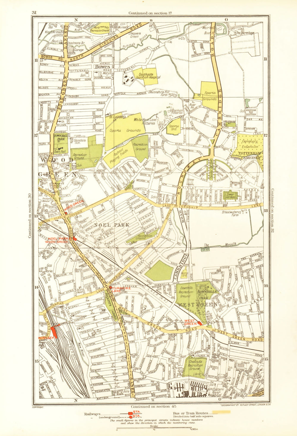 WOOD GREEN. Tottenham Bowes Noel Park West Green Turnpike Lane 1933 old map