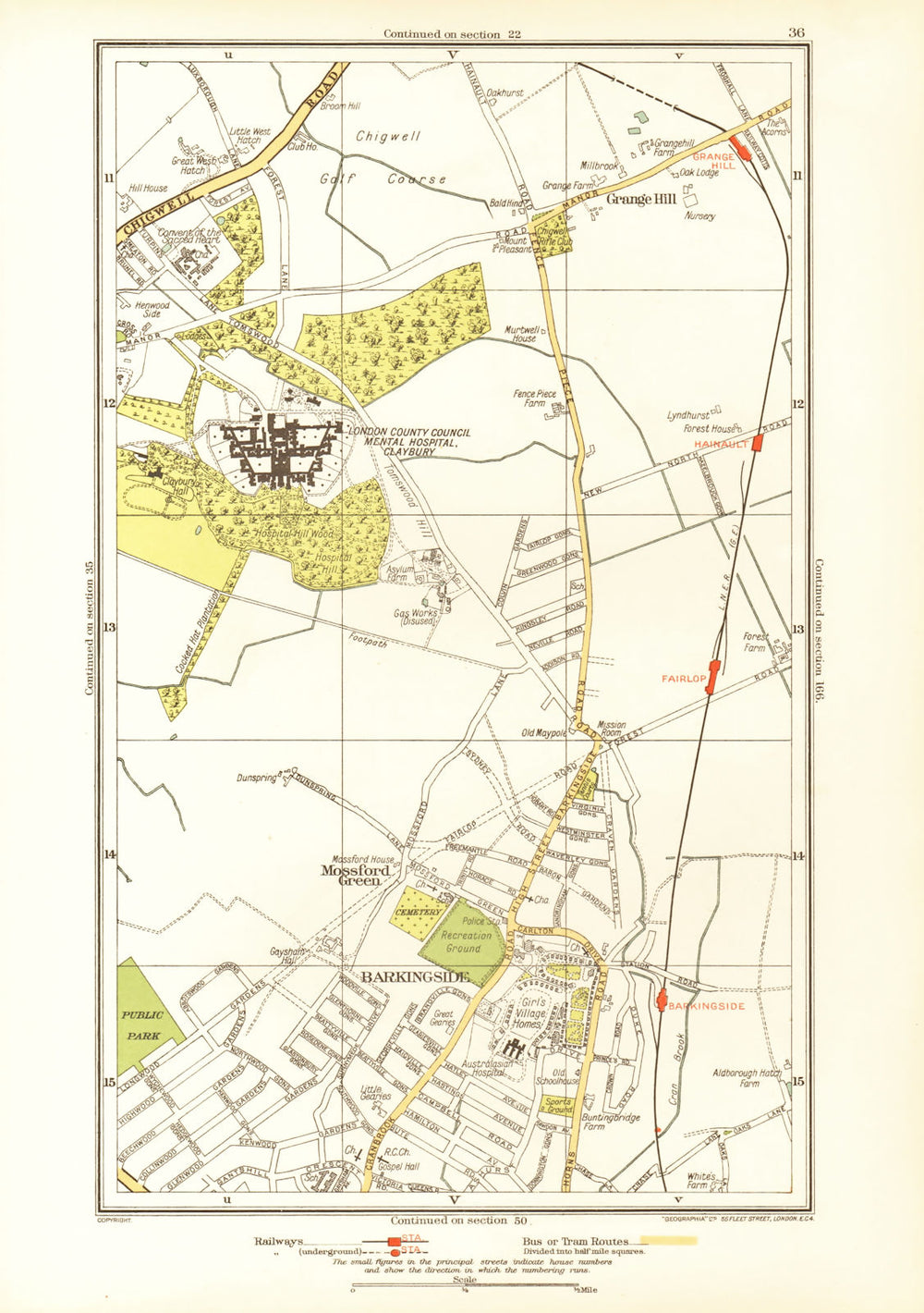 LONDON. Barkingside Grange Hill Mossford Green Fairlop 1933 old vintage map
