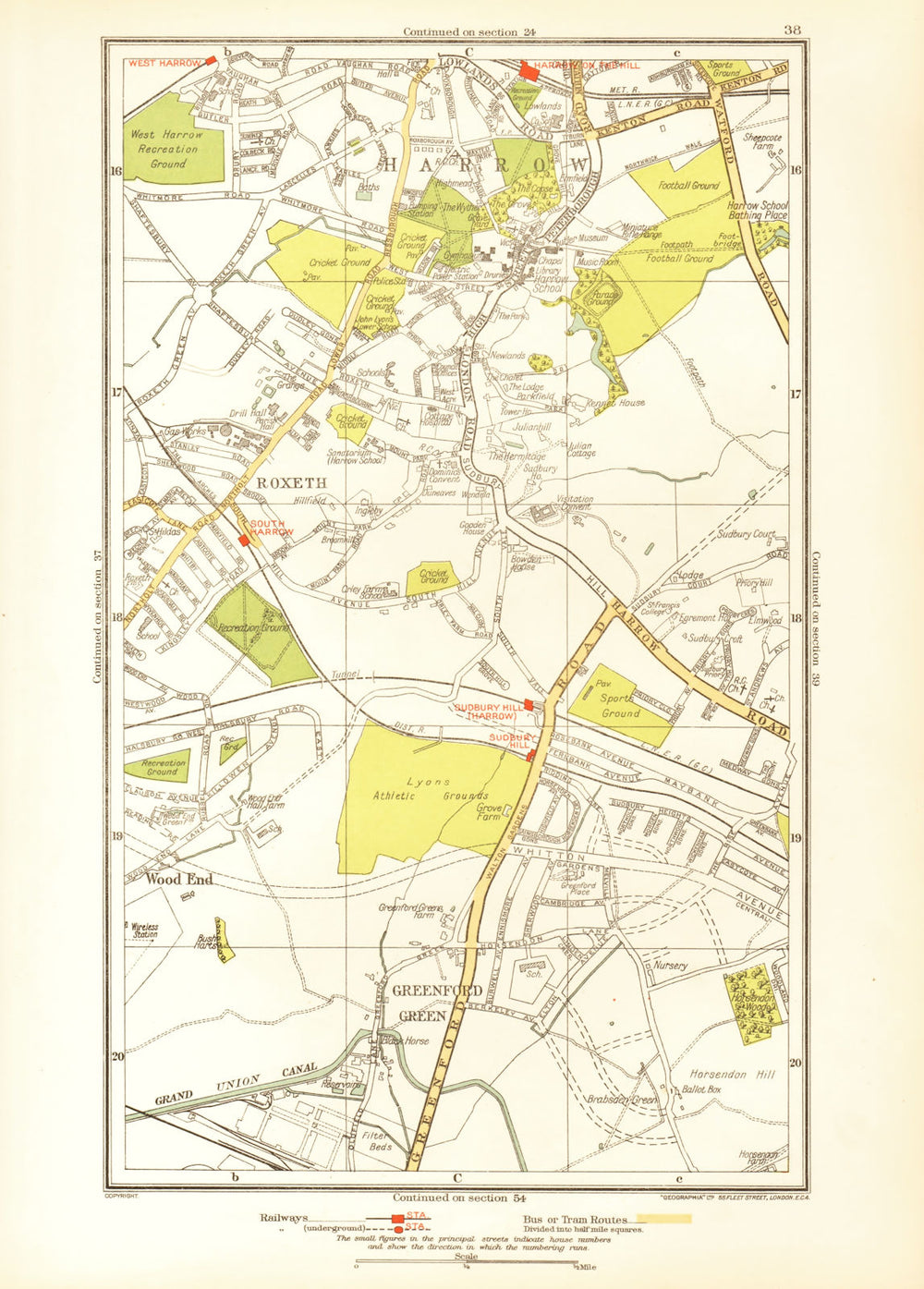 LONDON. Greenford Green Harrow Harrow on the Hill Roxeth Sudbury Hill 1933 map