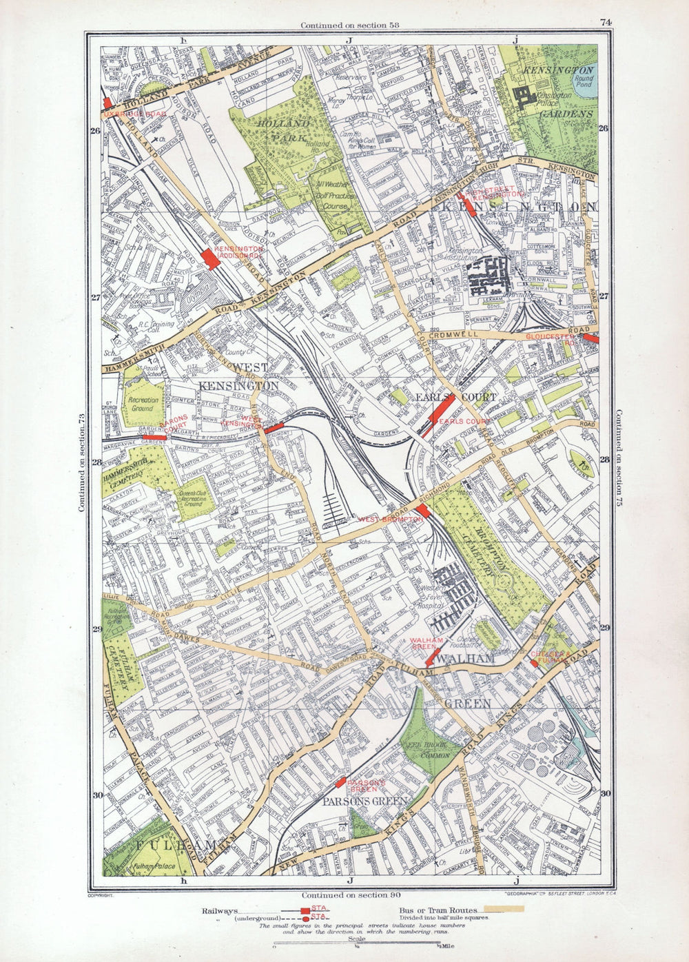 KENSINGTON. Earls Court Fulham Parsons Green Walham Green 1933 old vintage map