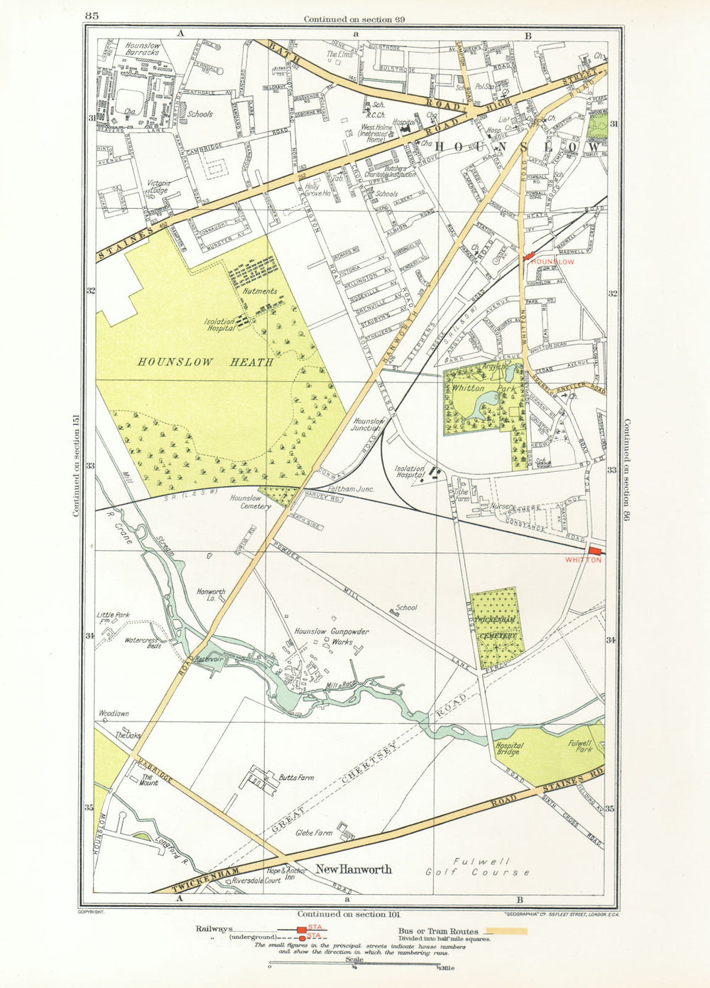 LONDON. Hounslow Hounslow Heath Whitton Park New Hanworth 1933 old vintage map