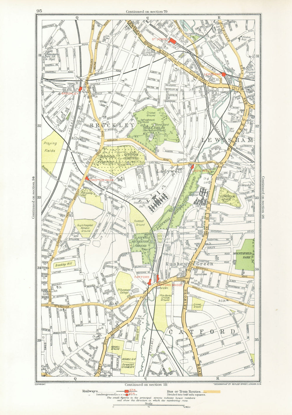 LEWISHAM. Brockley Catford Ladywell New Cross Rushey Green 1933 old map