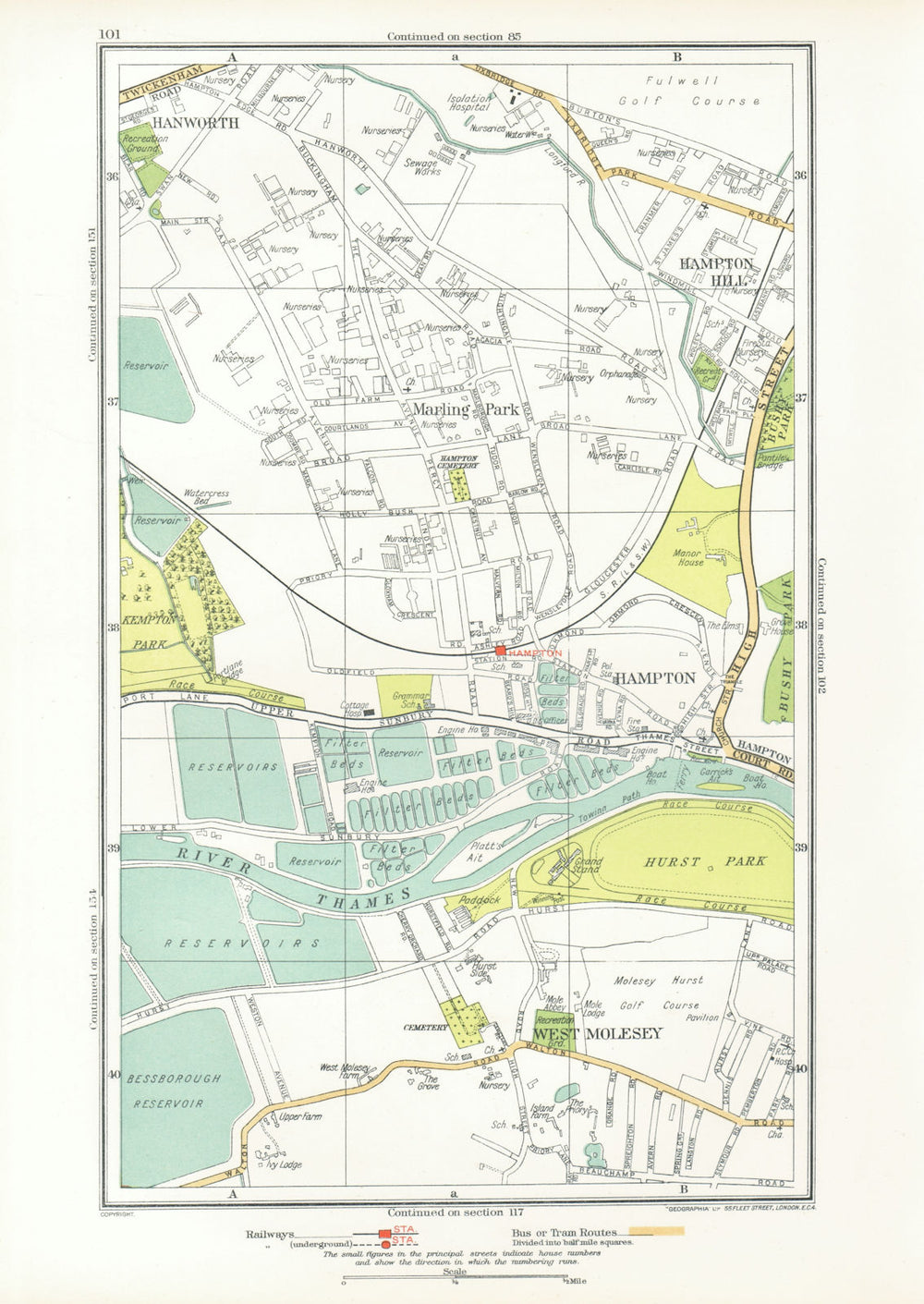 HAMPTON. Hampton Hill Marling Park West Molesey Hanworth Hurst Park 1933 map