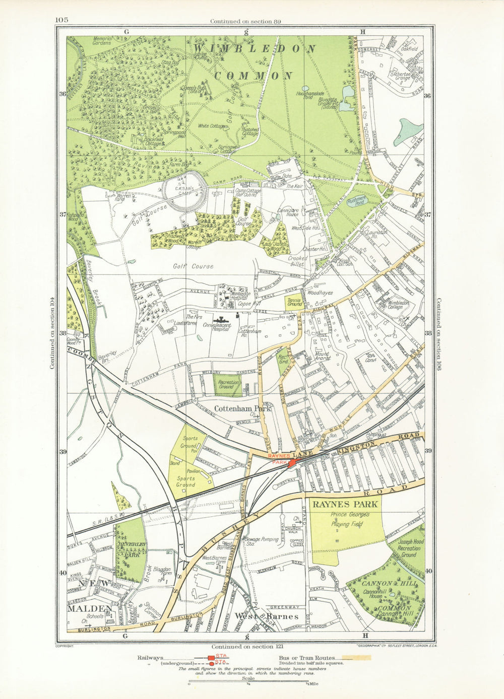 WIMBLEDON. Raynes Park Cottenham Park New Malden Shannon Corner 1933 old map