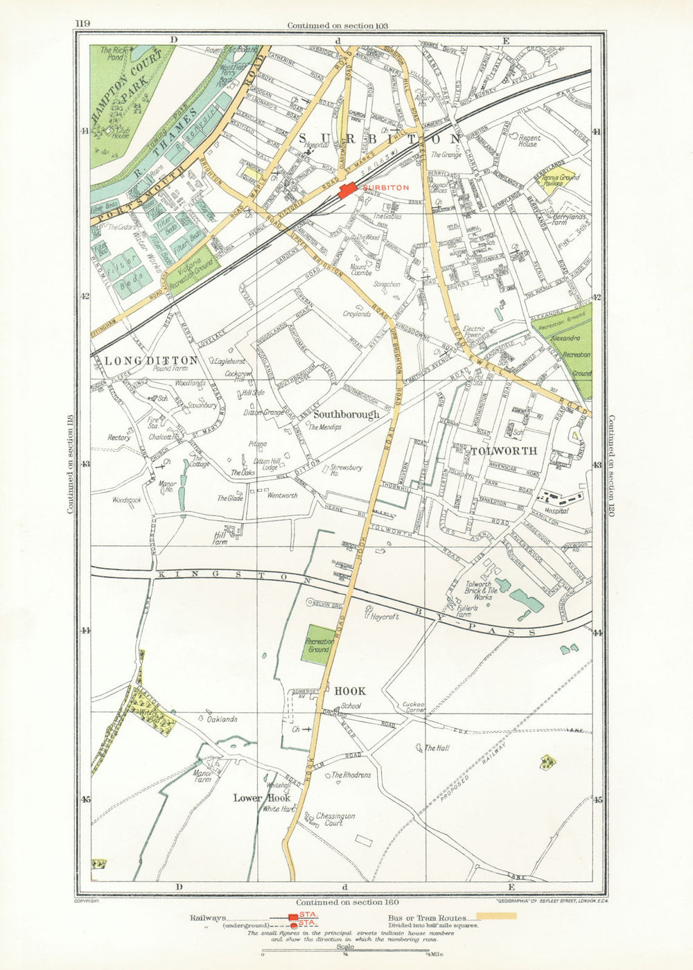 SURBITON. Hook Long Ditton Tolworth Southborough Surbiton 1933 old vintage map