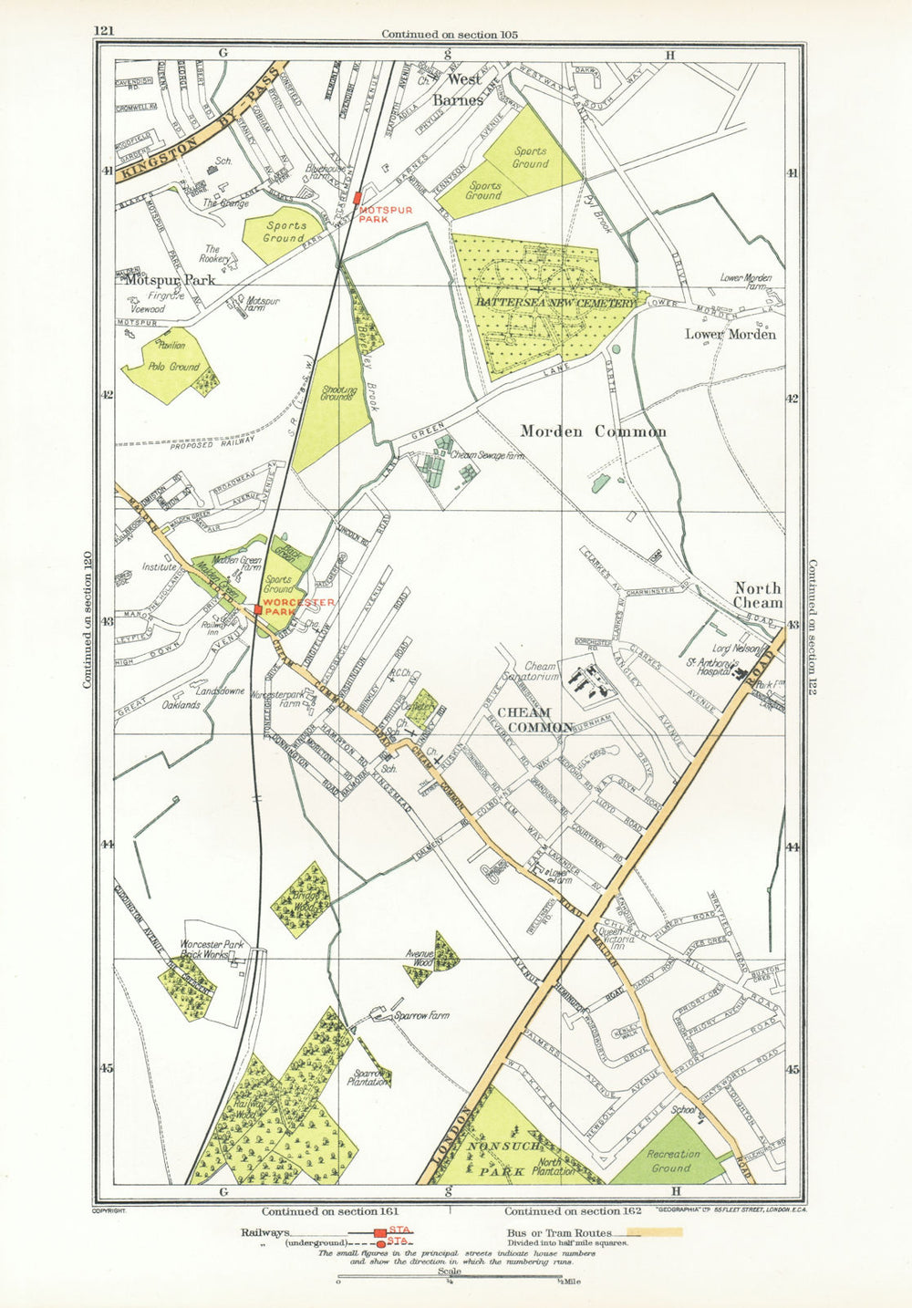 CHEAM. Stoneleigh; Worcester Morden Common Motspur Park West Barnes 1933 map