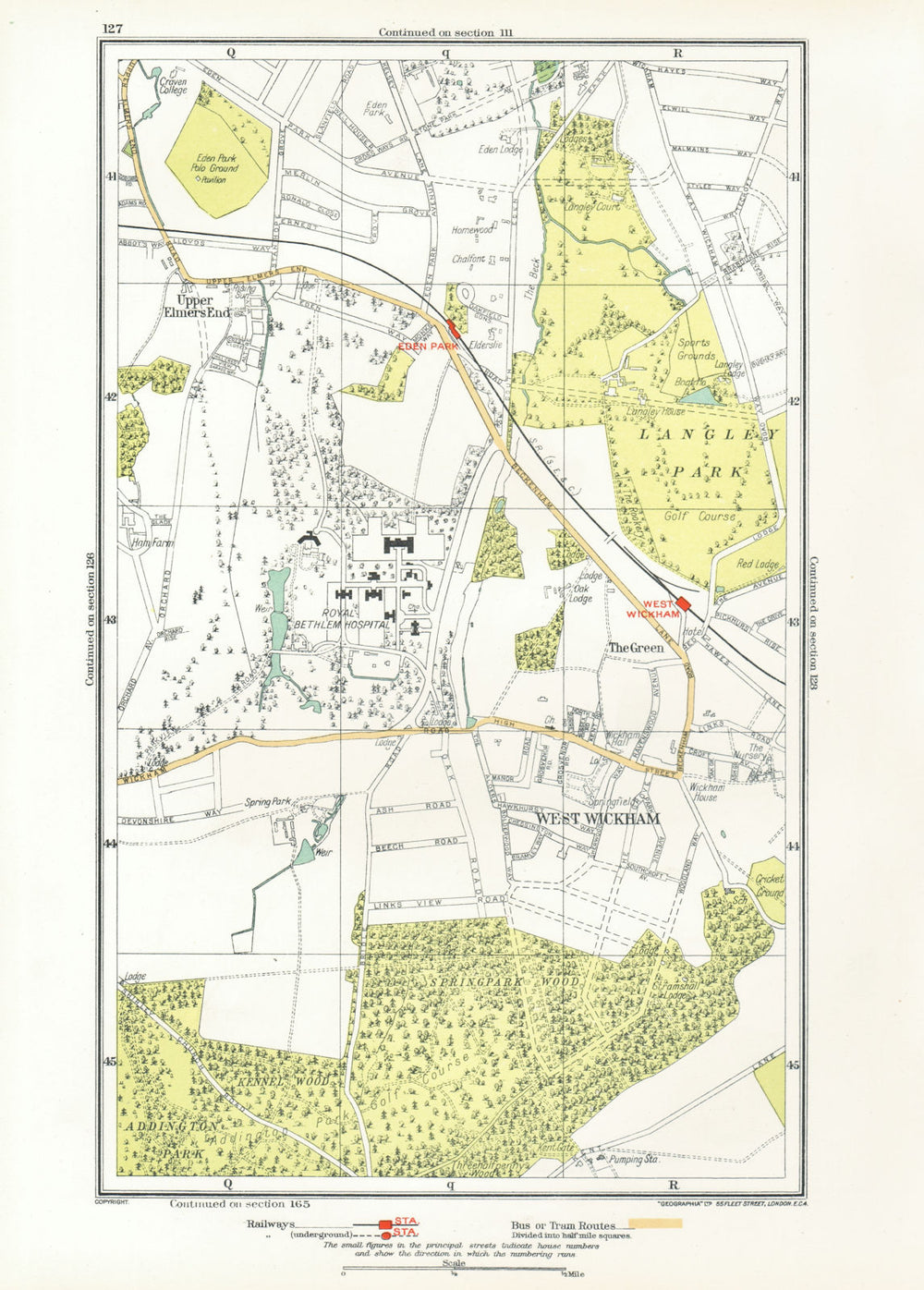LONDON. Upper Elmers End West Wickham Eden Park Spring Park 1933 old map