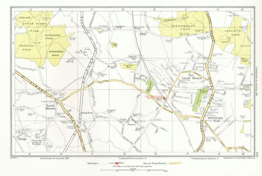 POTTERS BAR. South Mimms Little Heath Brookmans Park Ridge (Herts) 1933 map