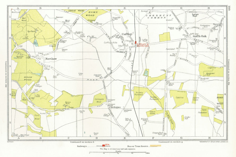 HERTFORDSHIRE. Cuffley Goff's Oak Northaw Potters Bar 1933 old vintage map