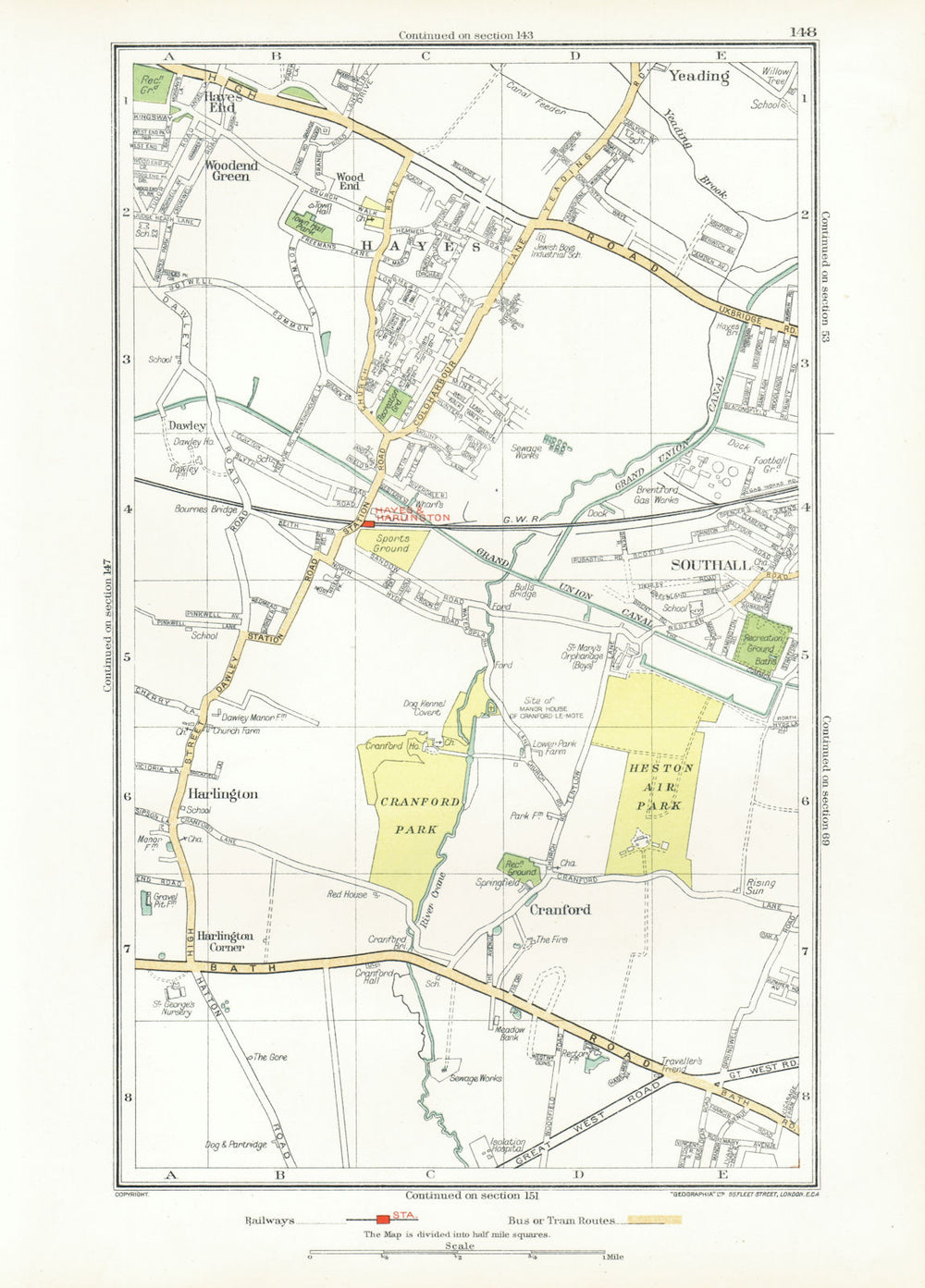 HAYES SOUTHALL. Cranford Hounslow Harlington Heathrow Heston Yeading 1933 map