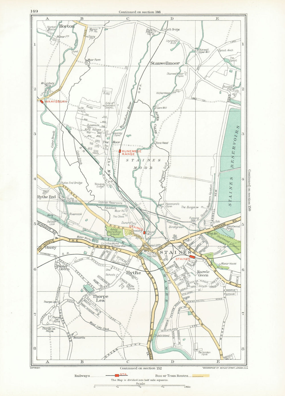 STAINES. Egham Hythe Stanwell Moor Thorpe Hythe End Horton Wraysbury 1933 map