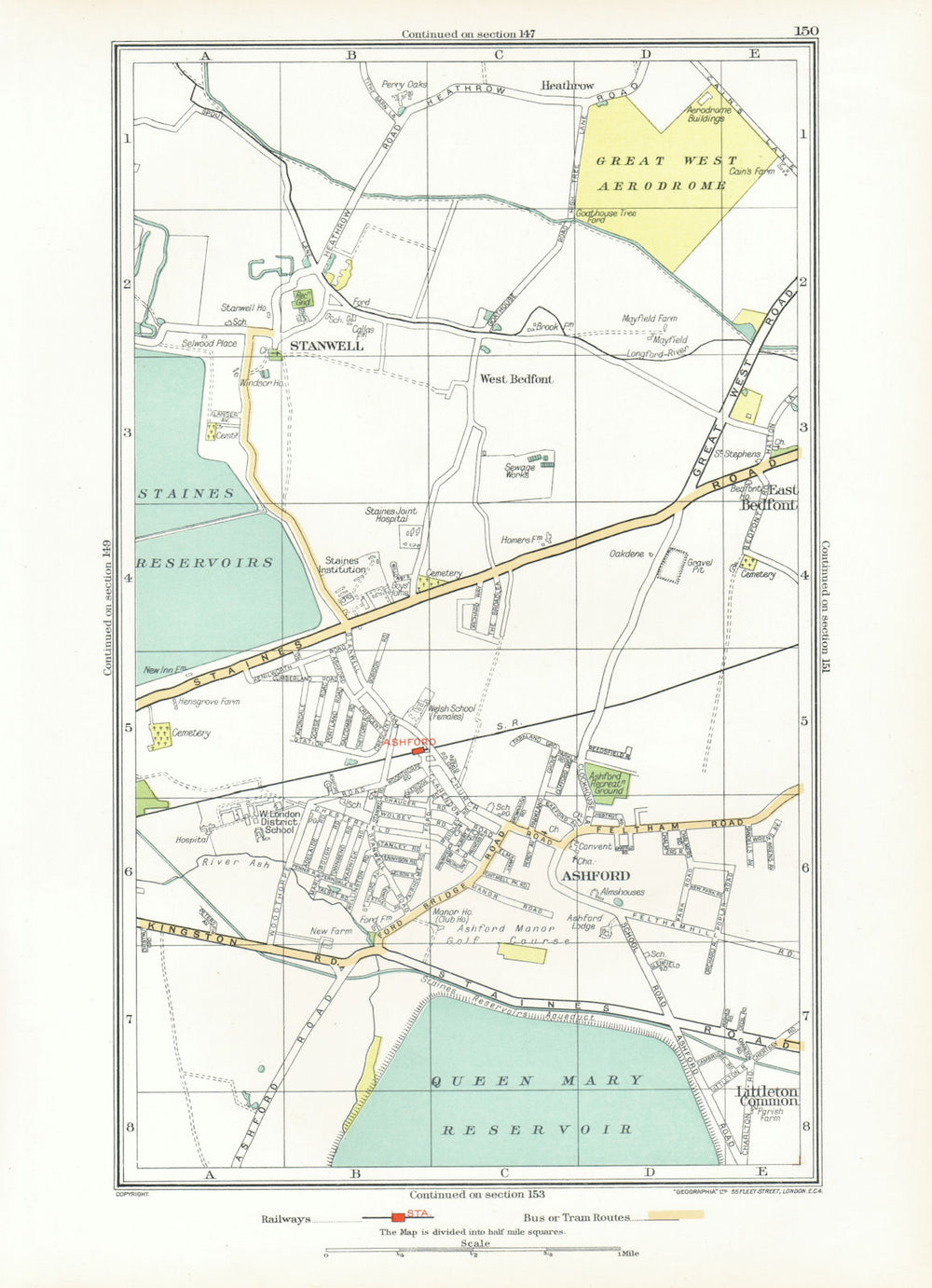 ASHFORD STAINES-UPON-THAMES. Stanwell Feltham Heathrow Bedfont 1933 old map