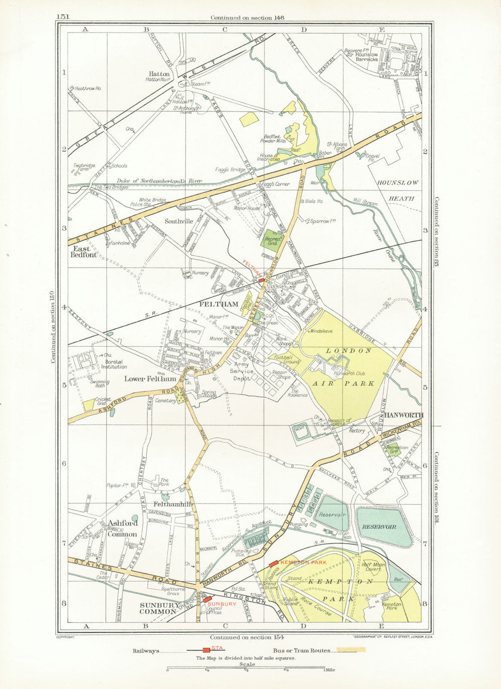 FELTHAM. Hounslow Hatton Sunbury Common Hanworth Ashford Common 1933 old map