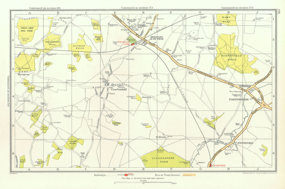 SWANLEY. Crockenhill Eynsford Farningham Kevingtown (Kent) 1933 old map