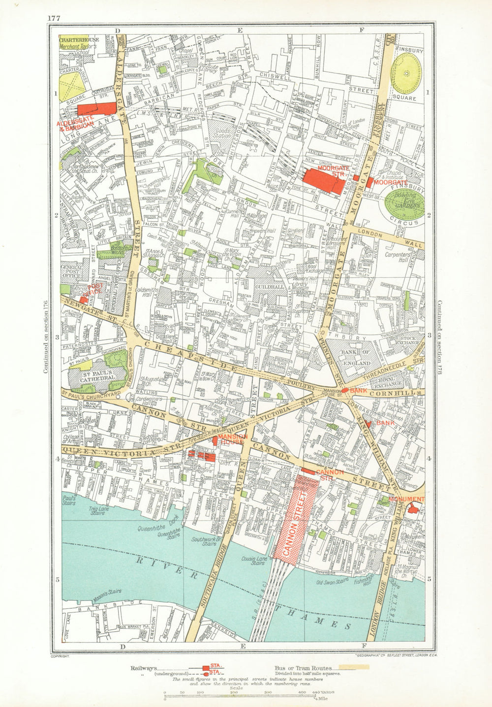 LONDON. City. Barbican Moorgate Bank Cannon Street 1933 old vintage map chart