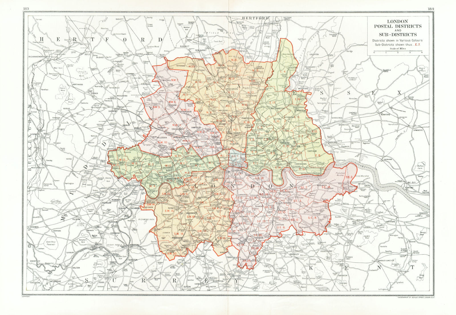 LONDON. Postal Districts and Sub-Districts. Postcodes 1933 old vintage ...