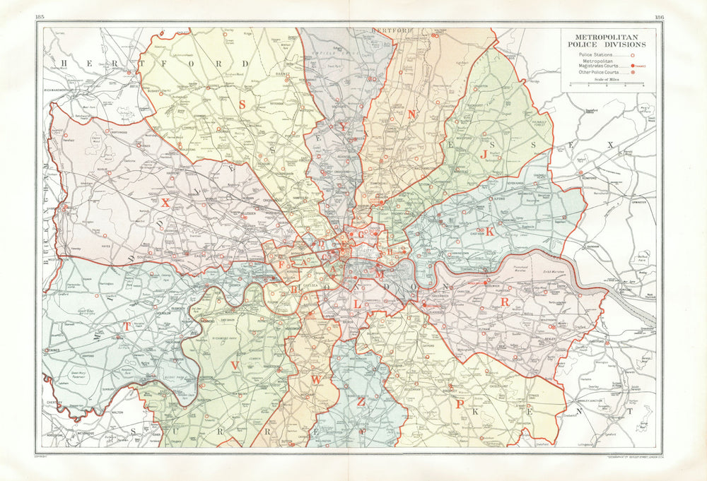 LONDON. Metropolitan Police Divisions. Stations. Magistrates Courts 1933 map