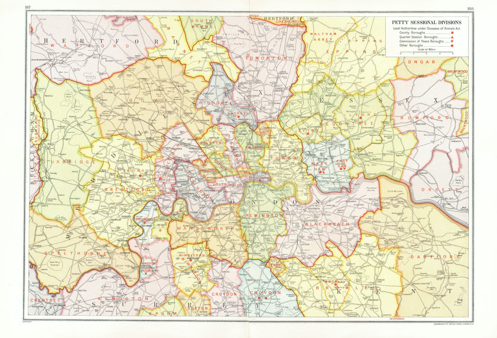 LONDON. Petty Sessional Divisions. Quarter Session boroughs 1933 old map