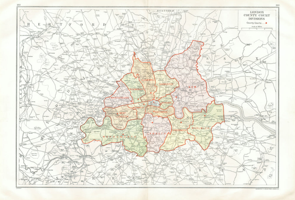 LONDON. London County Court divisions 1933 old vintage map plan chart