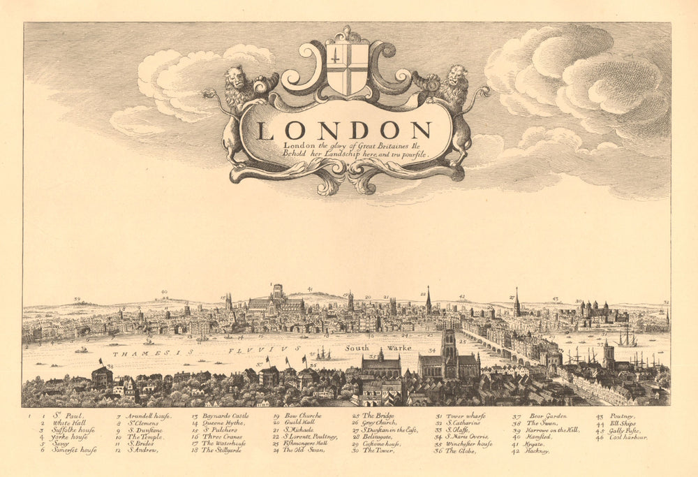 View of LONDON in 1657 from HOLLAR. London Bridge. Globe Theatre 1834 old map