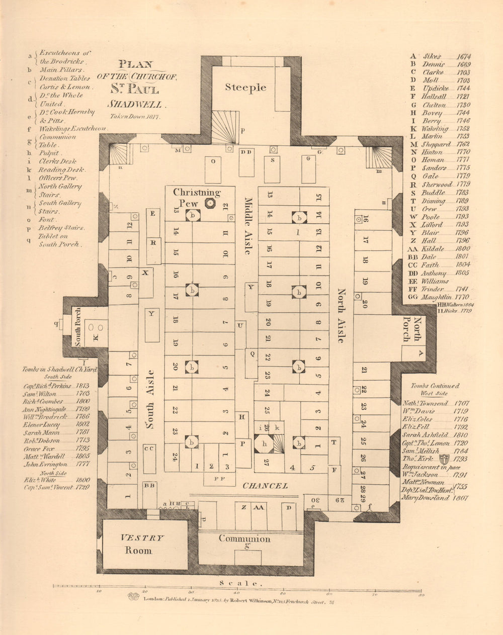 ST PAUL'S SHADWELL. Plan of the old church, taken down 1817. WILKINSON 1834 map