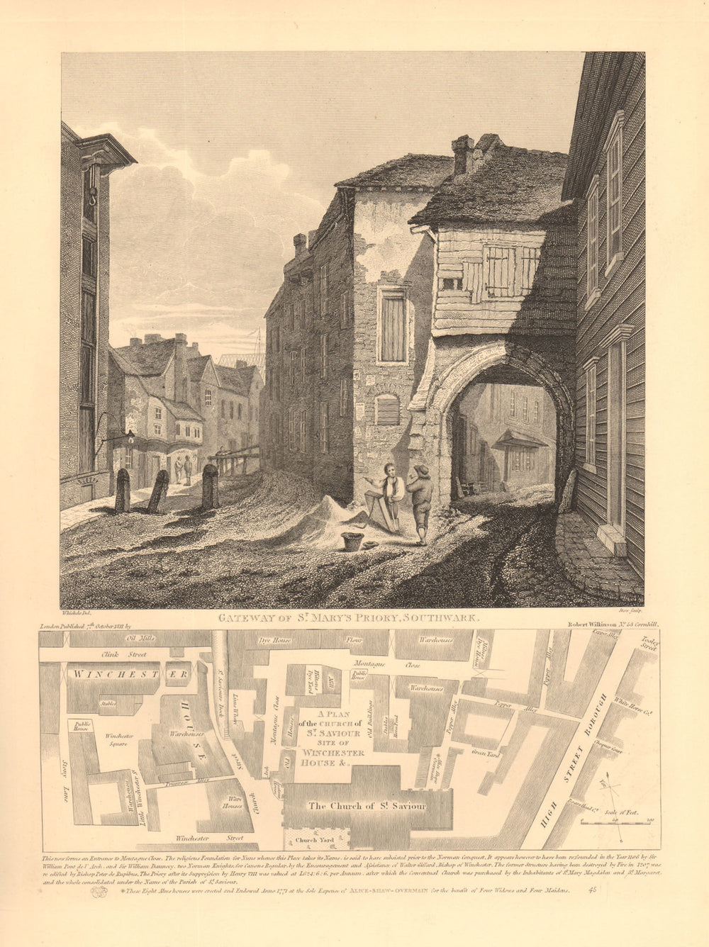 SOUTHWARK PLAN. St Mary's Priory gateway. Montague Close. Clink Street 1834 map