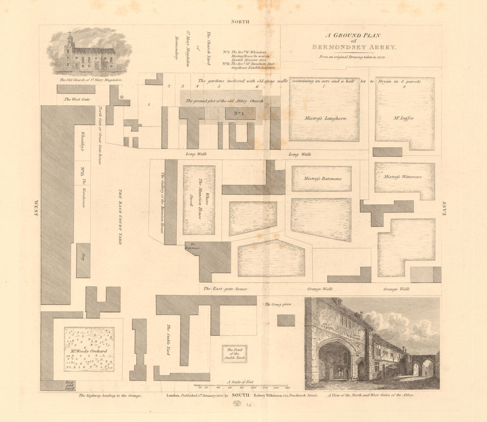 BERMONDSEY ABBEY ground plan. On the site of Bermondsey Market/Square 1834 map