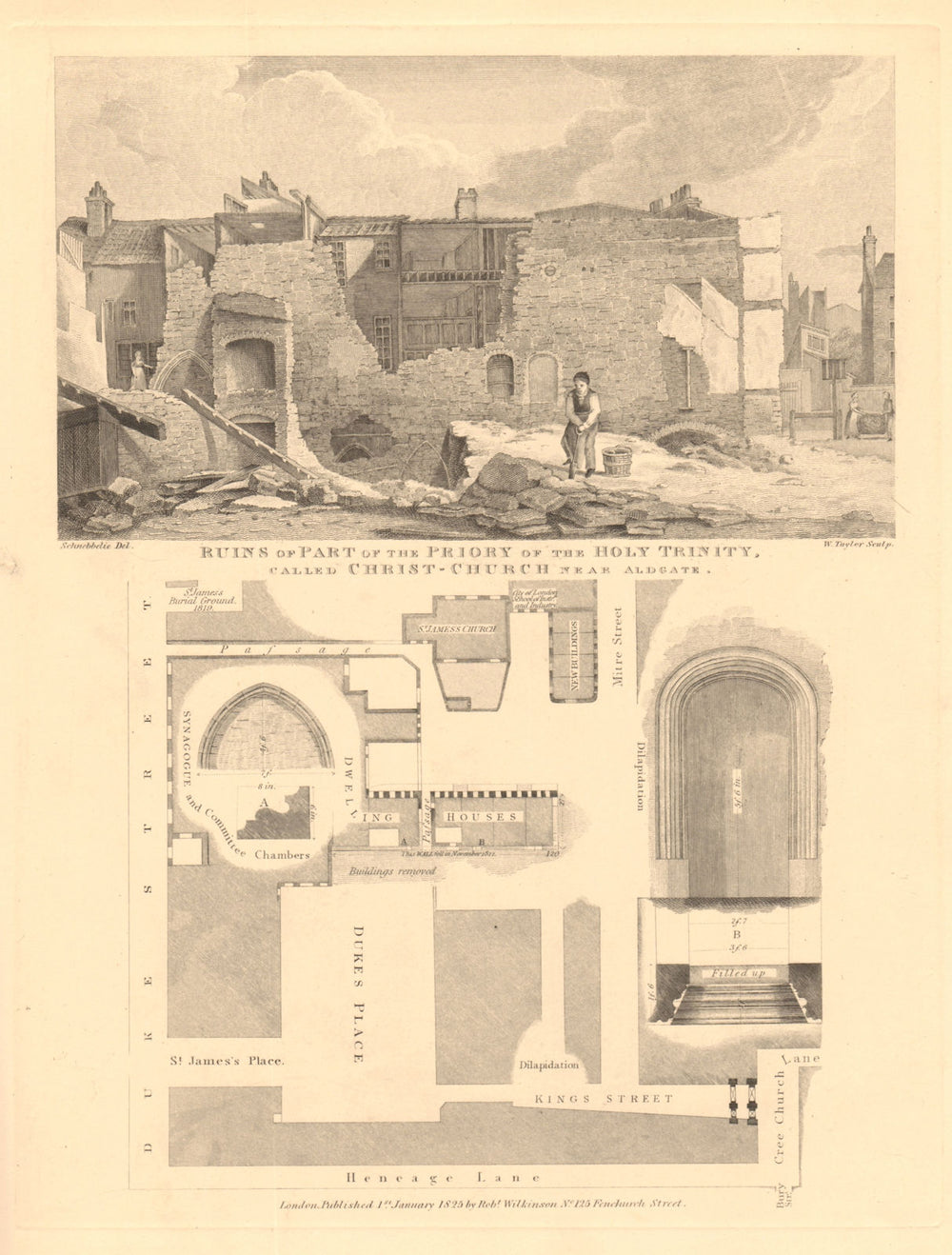 ALDGATE. Holy Trinity Priory/Synagogue Creechurch Lane. London 1834 old map