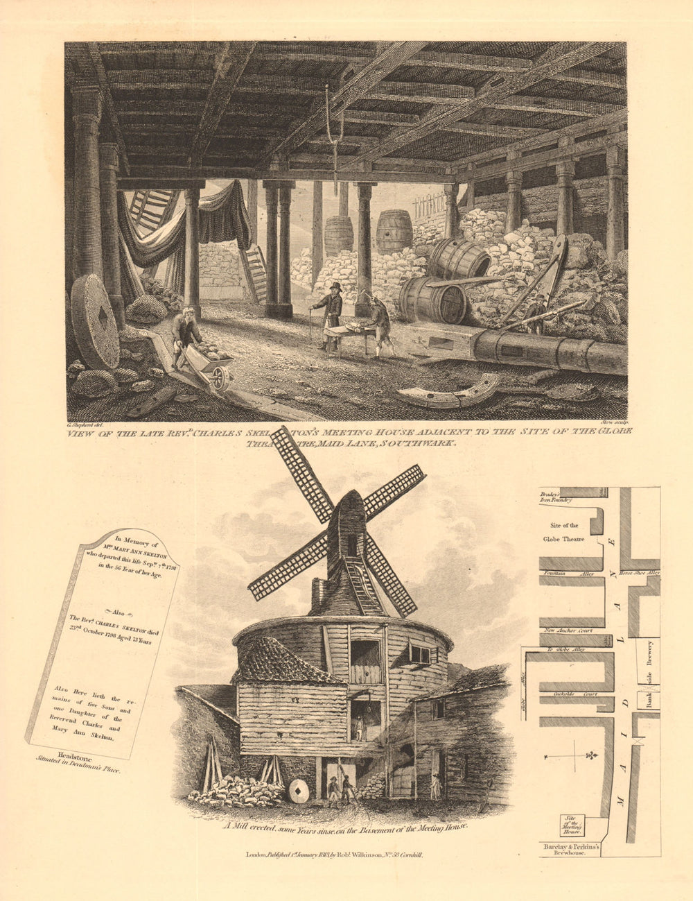 BANKSIDE. Rev Skelton's Meeting House, Maid Lane/Park Street. Windmill 1834 map