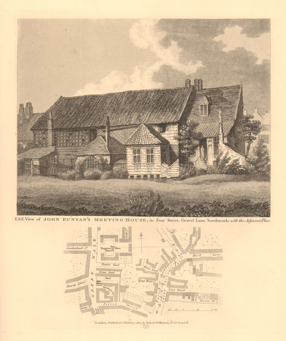 JOHN BUNYAN'S MEETING HOUSE, Bankside. Zoar Street, Park Street 1834 old map