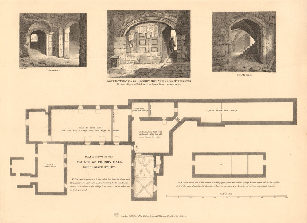 CROSBY HALL. Bishopsgate, now Cheyne Walk, Chelsea. Vaults plan & views 1834 map