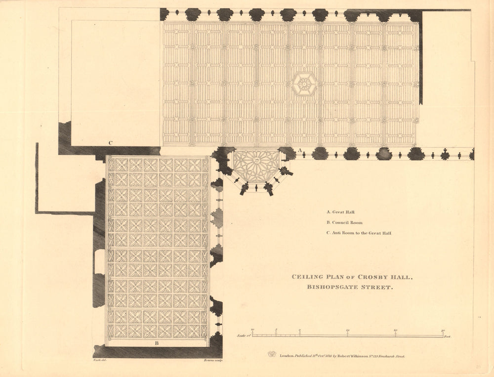 CROSBY HALL. Bishopsgate, now Cheyne Walk, Chelsea. Ceiling plan 1834 old map