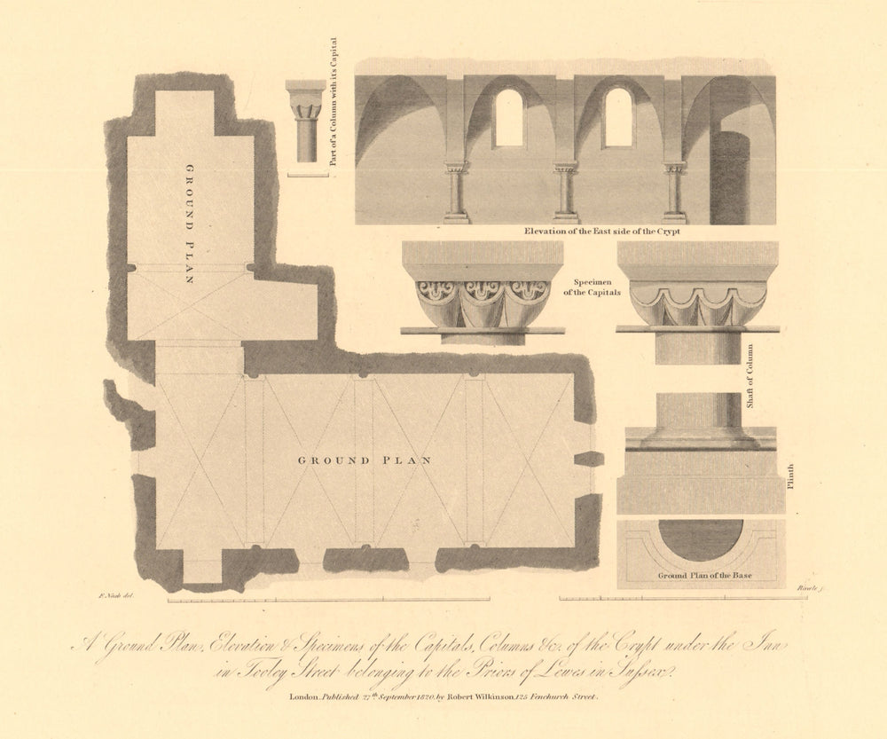 TOOLEY STREET, SOUTHWARK. Plan Capitals Elevation. Lewes Priors' Inn 1834 map