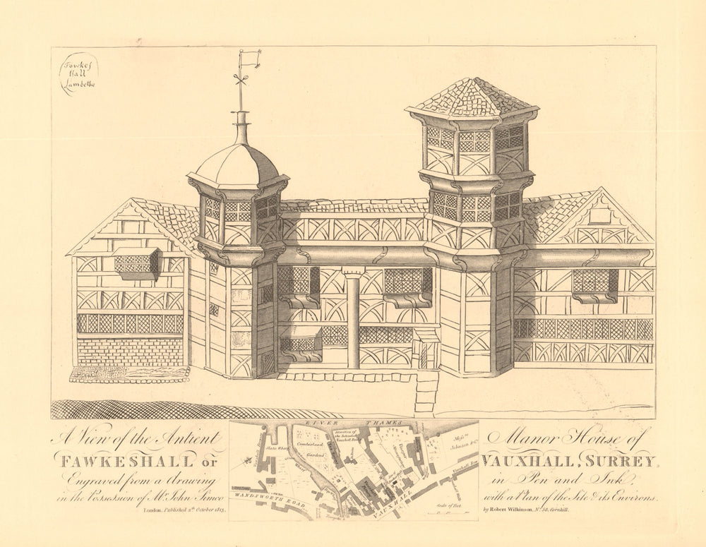 VAUXHALL or Fawkeshall. Manor House & map. Wandsworth Road. WILKINSON 1834