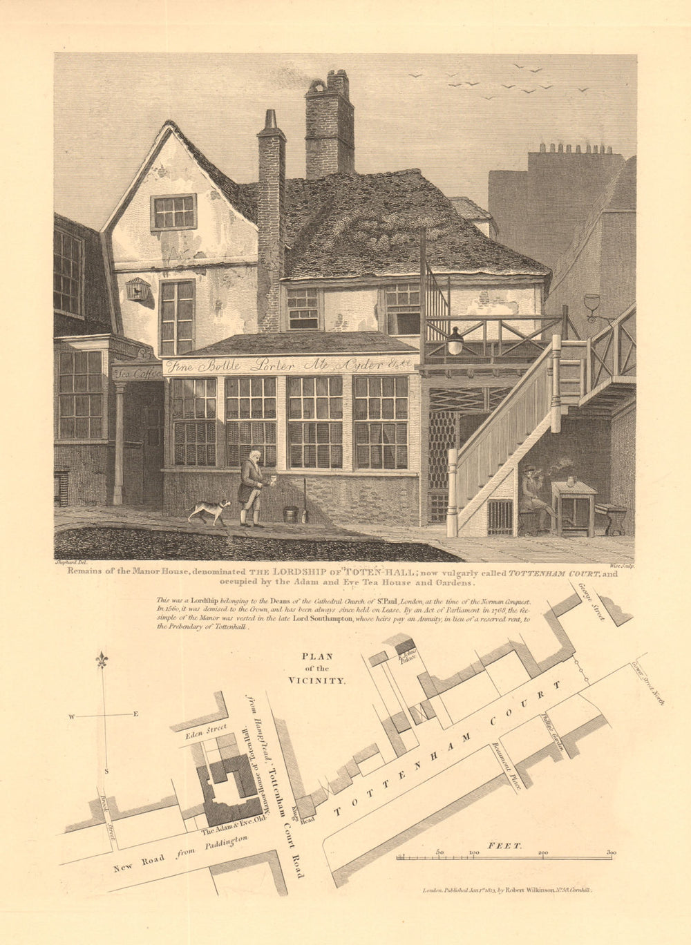 TOTENHALL MANOR HOUSE.Tottenham Court/Euston Road.Adam & Eve Tea House 1834 map