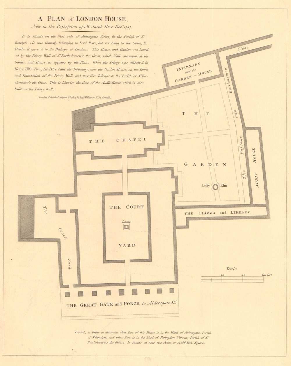 LONDON HOUSE, Aldersgate Street in 1747. Bishop of London. Jacob Ilive 1834 map