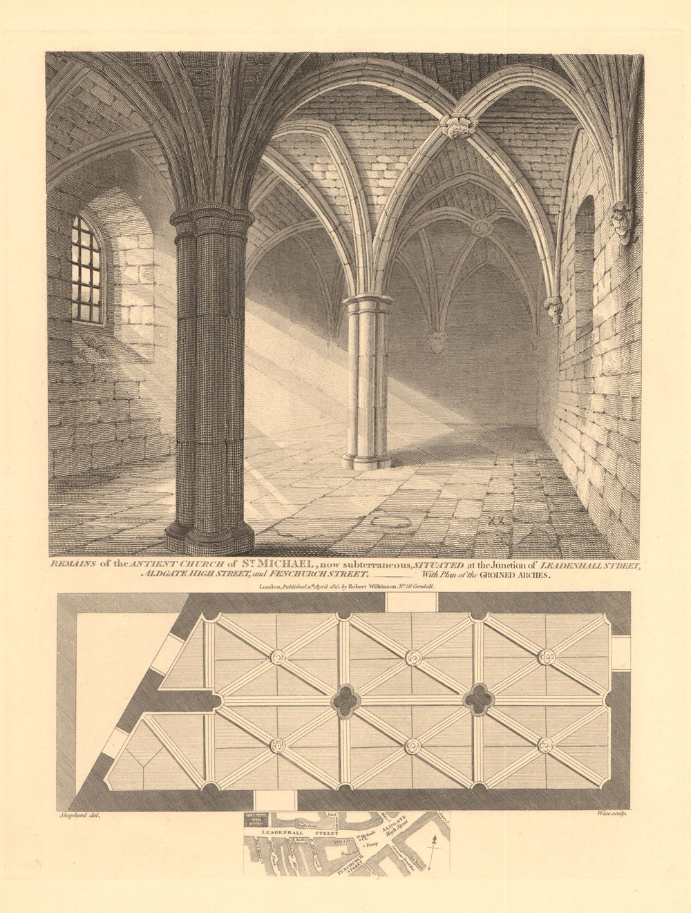 ST MICHAEL'S CHURCH, Leadenhall/Fenchurch/Aldgate High Street junction 1834 map