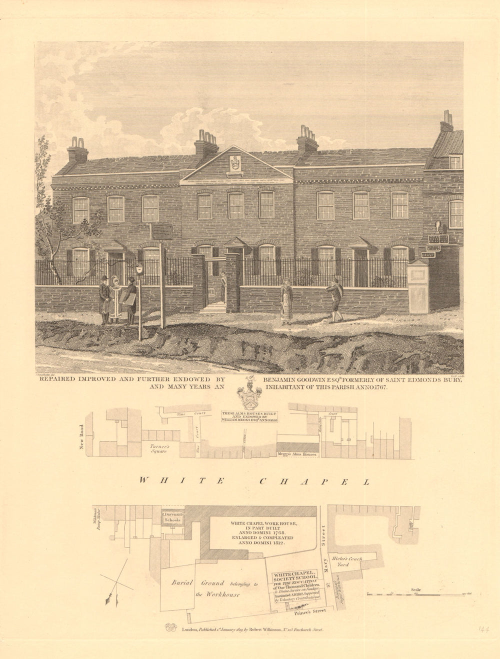 WHITECHAPEL ROAD. Whitechapel Society School Workhouse Almshouses 1834 old map
