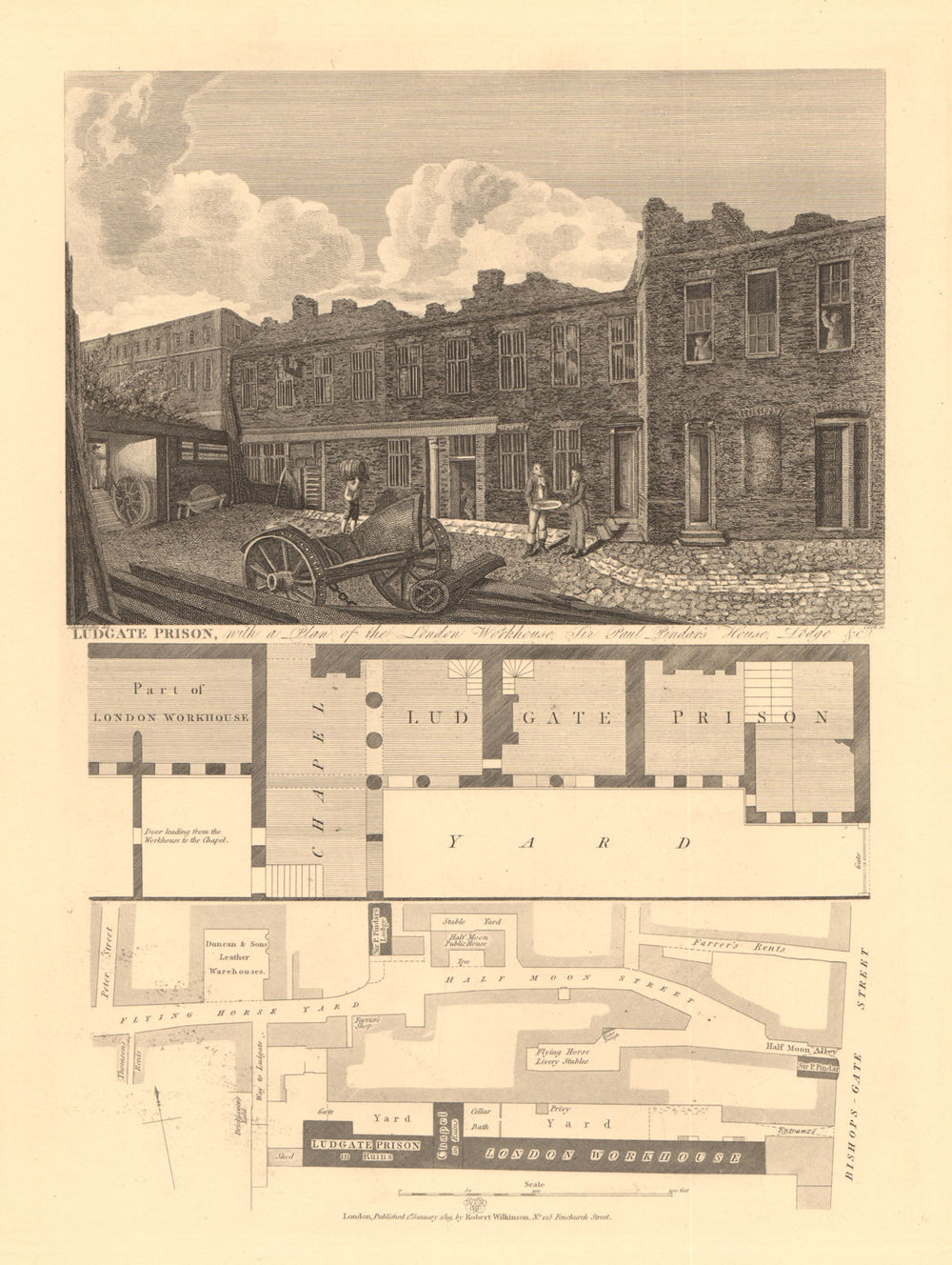 BISHOPSGATE. LUDGATE PRISON. London Workhouse. Sir Paul Pindar's House 1834 map