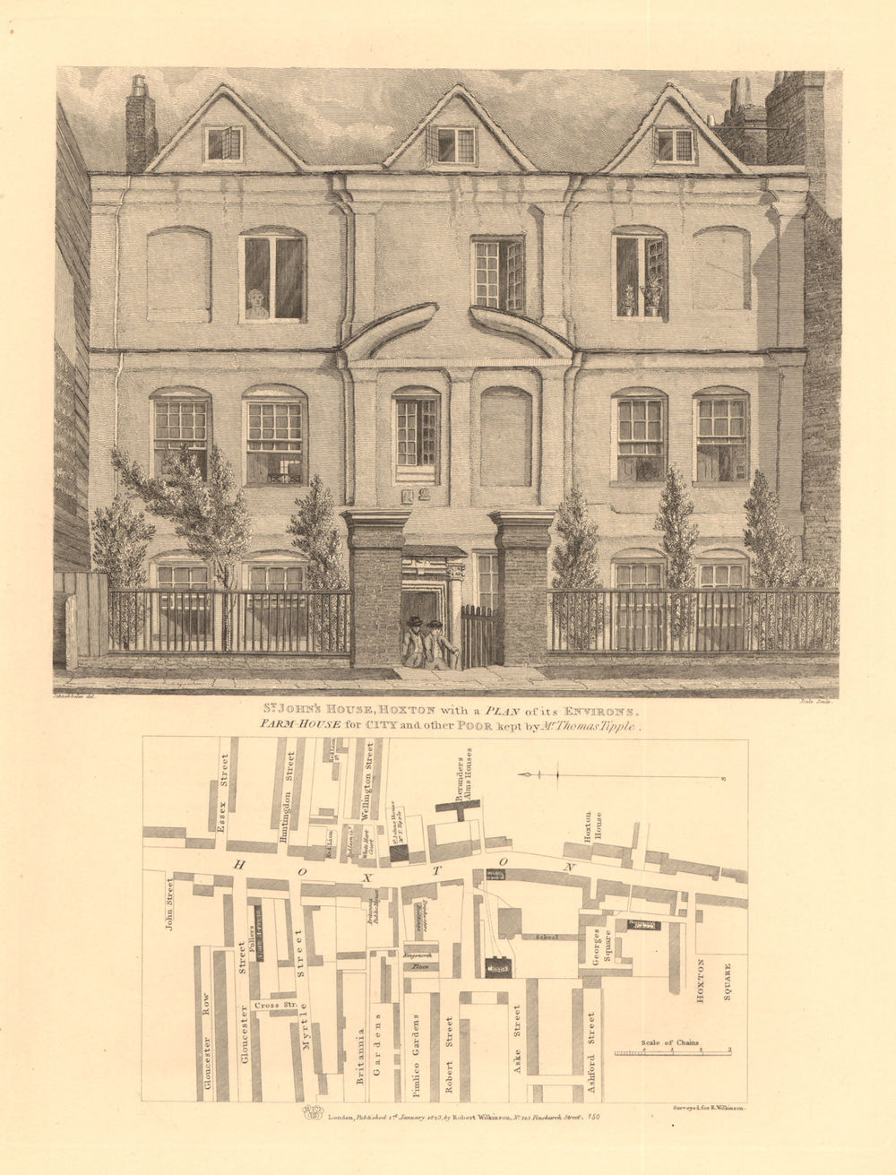 MAP OF HOXTON STREET. St. John's House. Hoxton Square. London 1834 old