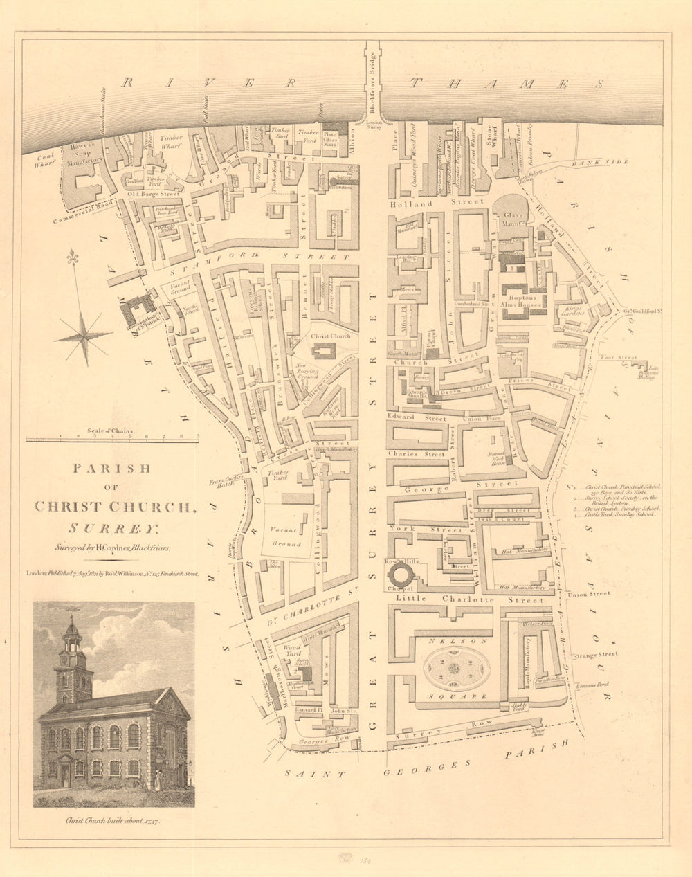 CHRIST CHURCH PARISH, SOUTHWARK. South Bank/Bankside. London 1834 old map