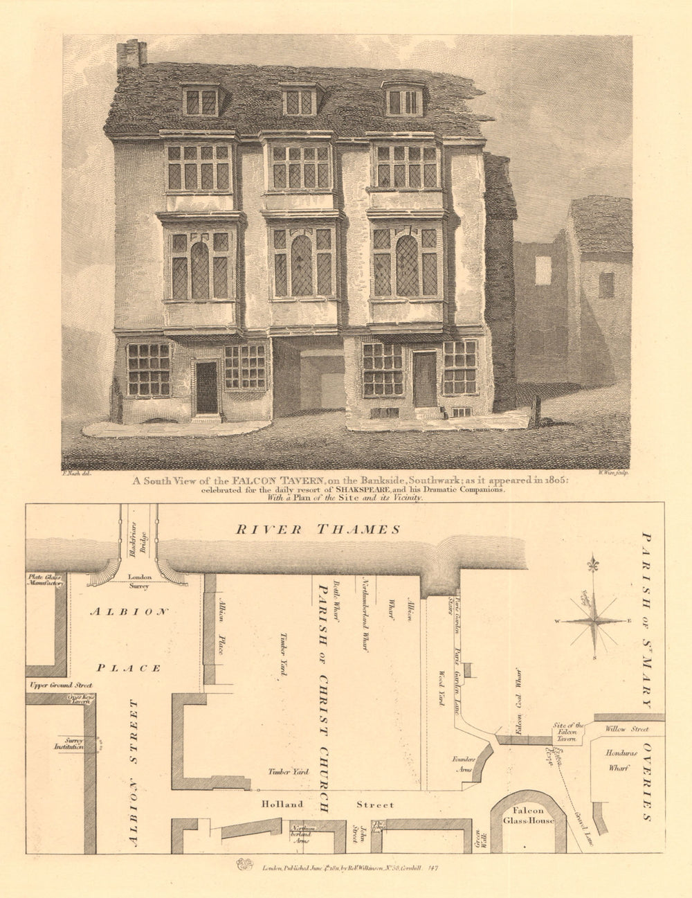 BANKSIDE PLAN.Falcon Tavern in 1805.Upper Ground Albion/Holland Street 1834 map