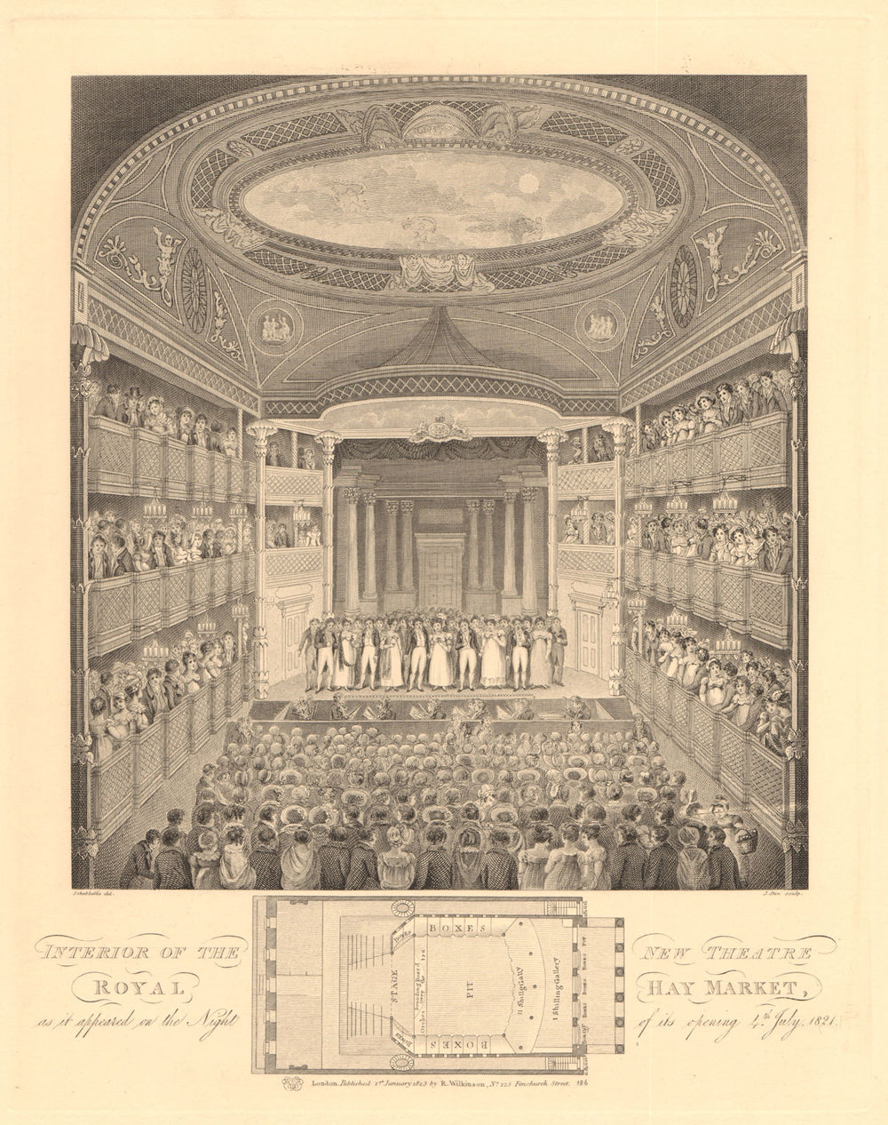 THEATRE ROYAL HAYMARKET interior & seating plan. Opening night 1821 1834 map
