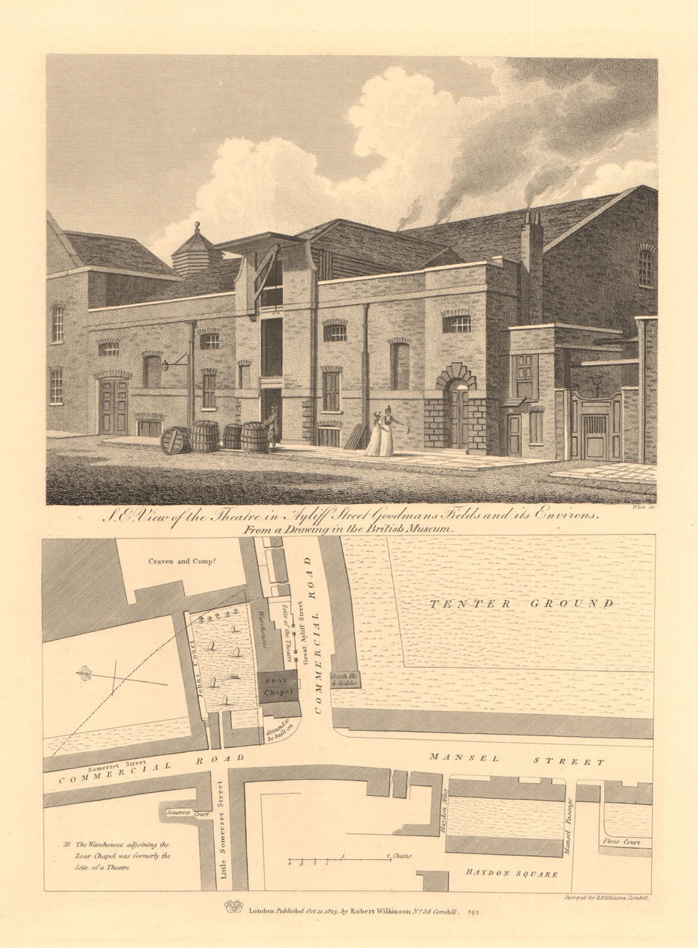 GOODMANS FIELDS THEATRE, Ayliffe St (Alie Street). Mansell Street plan 1834 map