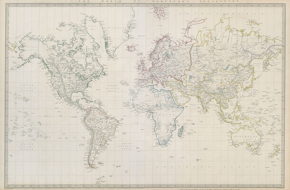 WORLD ON MERCATOR'S PROJECTION. Pre-Mexican-American war. SDUK 1844 old map