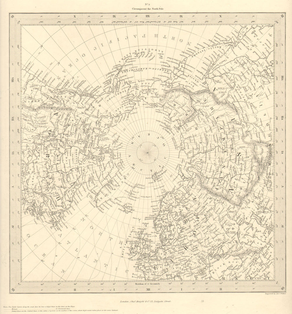 NORTH POLE ARCTIC to 45˚ N Latitude.Alaska as Russian Territory.SDUK 1844 map